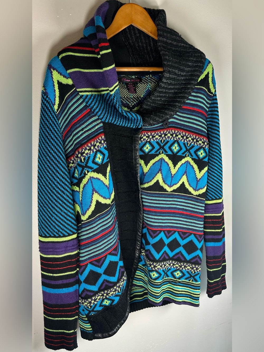 Elena Wang Womens Knit Cardigan Blanket Coat Sz M Southwestern Aztec Neon Colors - Picture 3 of 11
